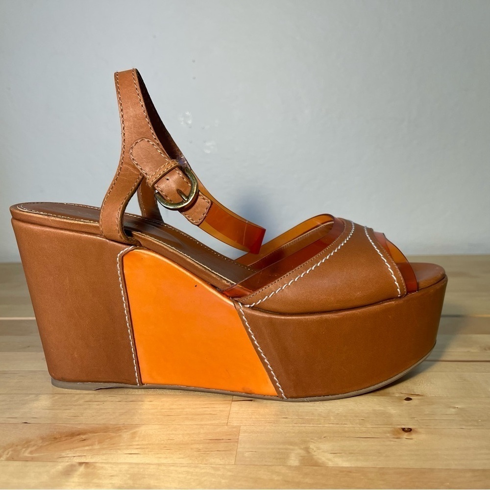Sergio Rossi Orange Leather T-Strap Platform Sandals Italian Designer Shoes